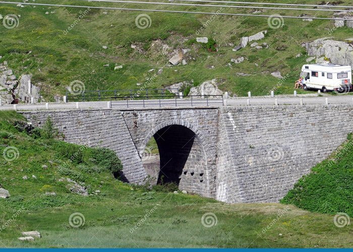 Gotthard Pass Old Stone Bridges Over Alpine Streams on the Alpine Mountain St ... photo