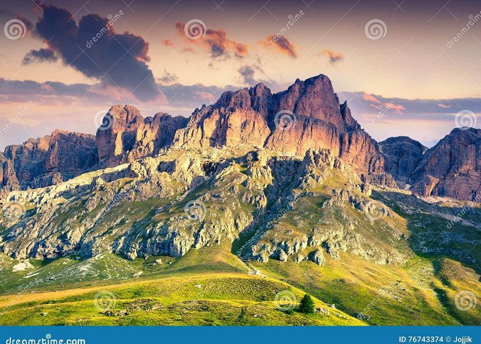 Pordoi Pass Colorful Summer Scene in Southern Slope of Piz Boe Mountain Rang ... photo