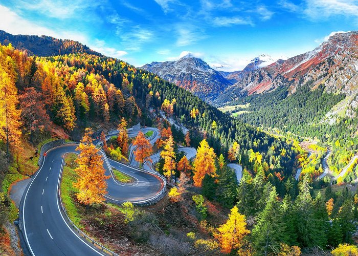 Maloja Pass View of Maloja pass road, Swiss Alps in autumn, Engadine region ... photo