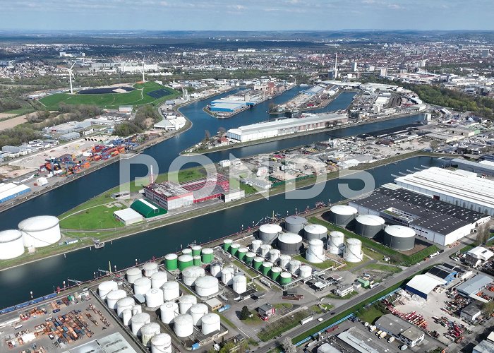 Rheinhafen Industrial port inland river port on the... | Stock Video | Pond5 photo