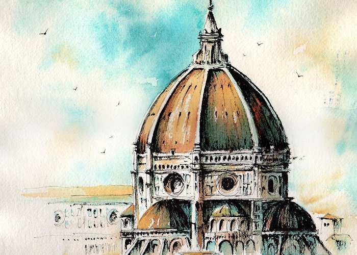 Cathedral of Santa Maria del Fiore Watercolor and ink painting of Cathedral of Santa Maria del Fiore ... photo